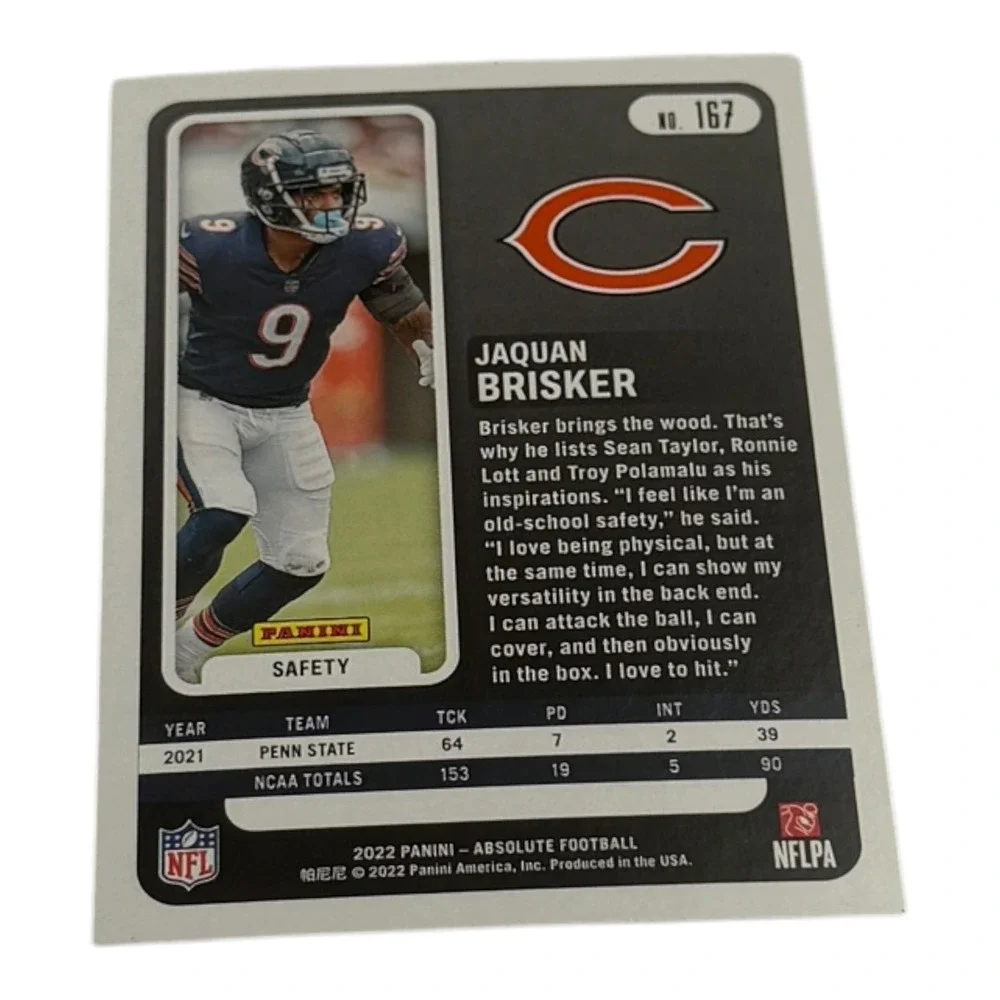 2022 Panini Absolute Football Jaquan Brisker Rookie Card 167 Chicago Bears RC